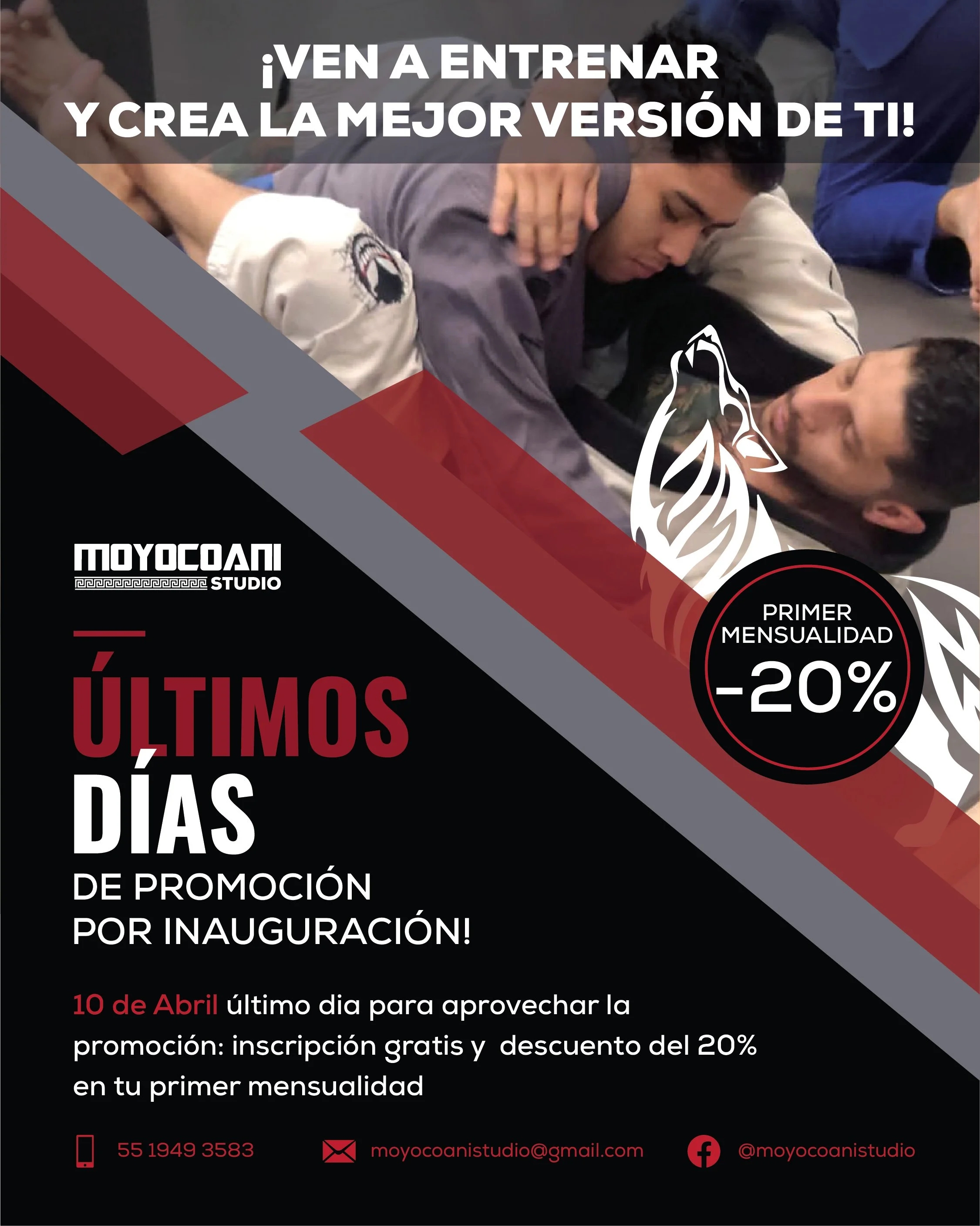 Anuncio de Moyocoani Studio con personas entrenando, promoción de inauguración: inscripción gratis y 20% de descuento en la primera mensualidad.