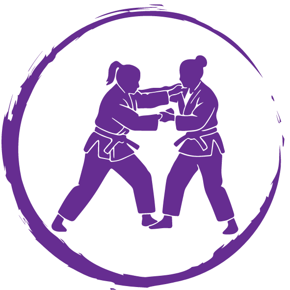 Ilustración morada de dos personas practicando artes marciales dentro de un círculo.