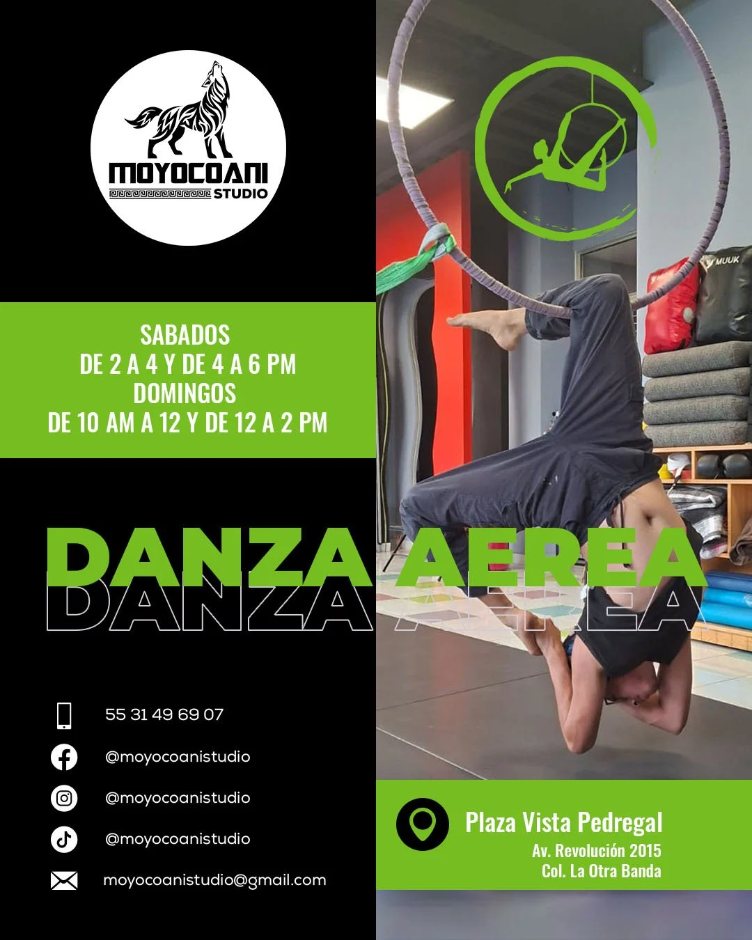 Publicidad de Moyocoani Studio para clases de danza aérea en Plaza Vista Pedregal, con horarios, contacto y una persona realizando acrobacias en aro aéreo.