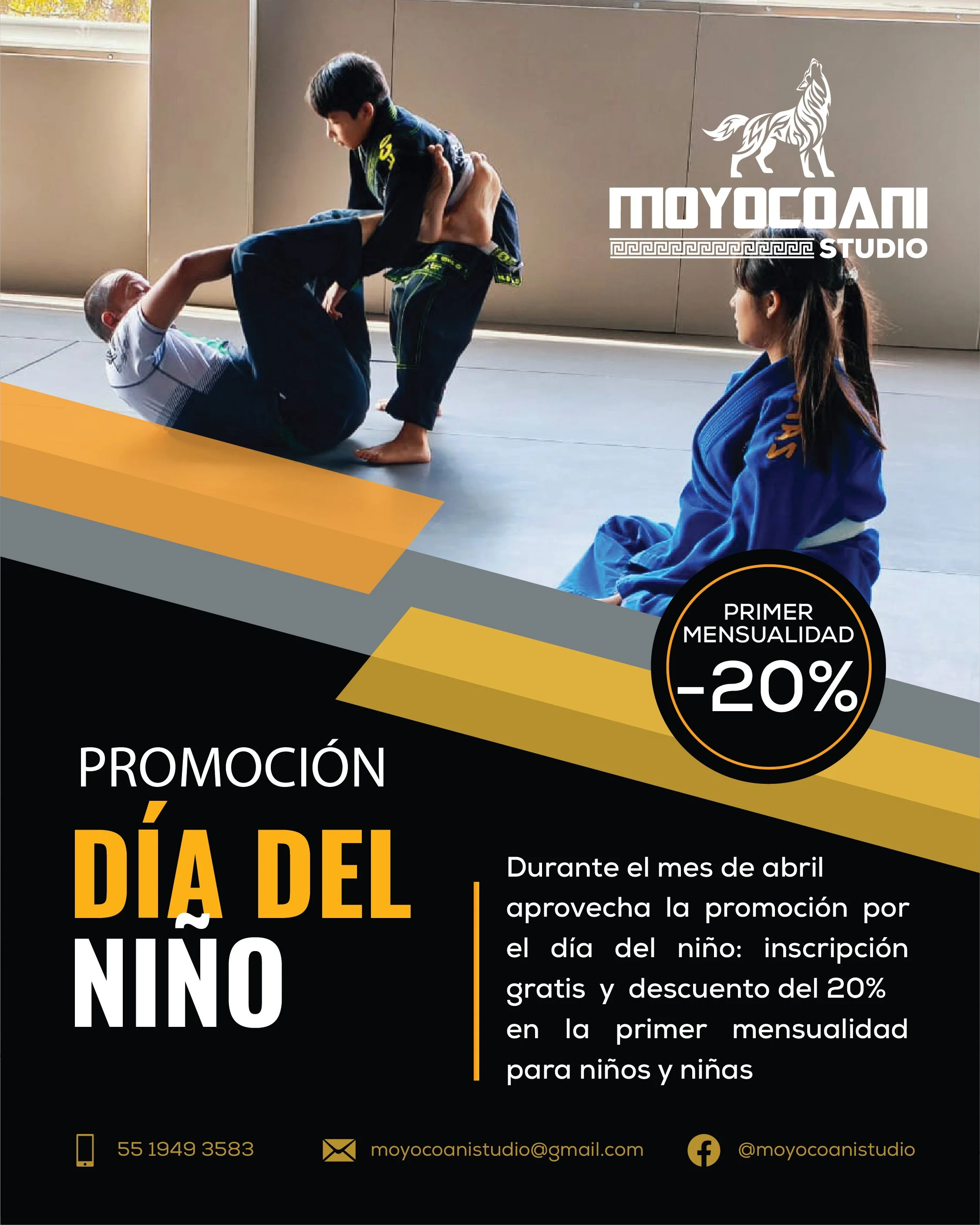 Promoción del Día del Niño de Moyocani Studio: inscripción gratis y 20% de descuento en la primera mensualidad durante abril para clases infantiles de artes marciales.
