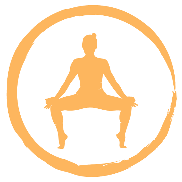 Silueta naranja de una persona meditando en posición de loto dentro de un círculo.