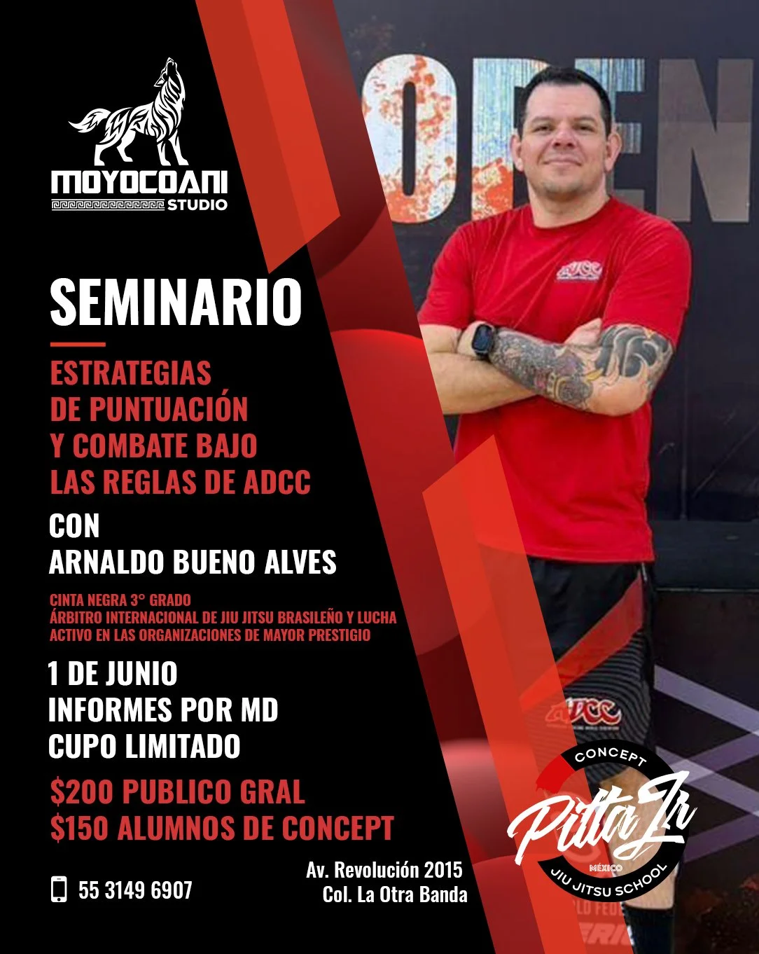 Cartel de seminario de jiu jitsu brasileño sobre estrategias de puntuación y combate bajo reglas ADCC, impartido por Arnaldo Bueno Alves el 1 de junio en México.