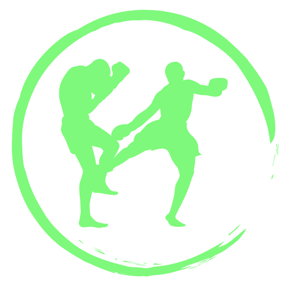 Silueta verde de dos personas practicando artes marciales dentro de un círculo.