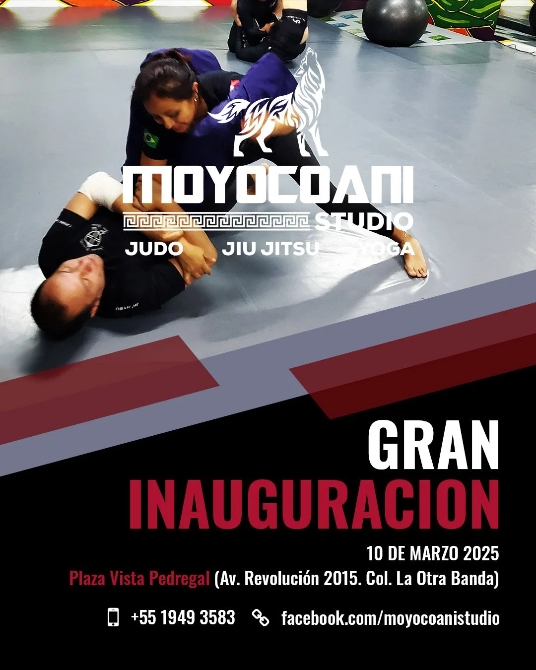 Cartel de inauguración de Moyocoan Studio con clases de judo, jiu jitsu y yoga en Plaza Vista Pedregal, Ciudad de México, el 10 de marzo de 2025.