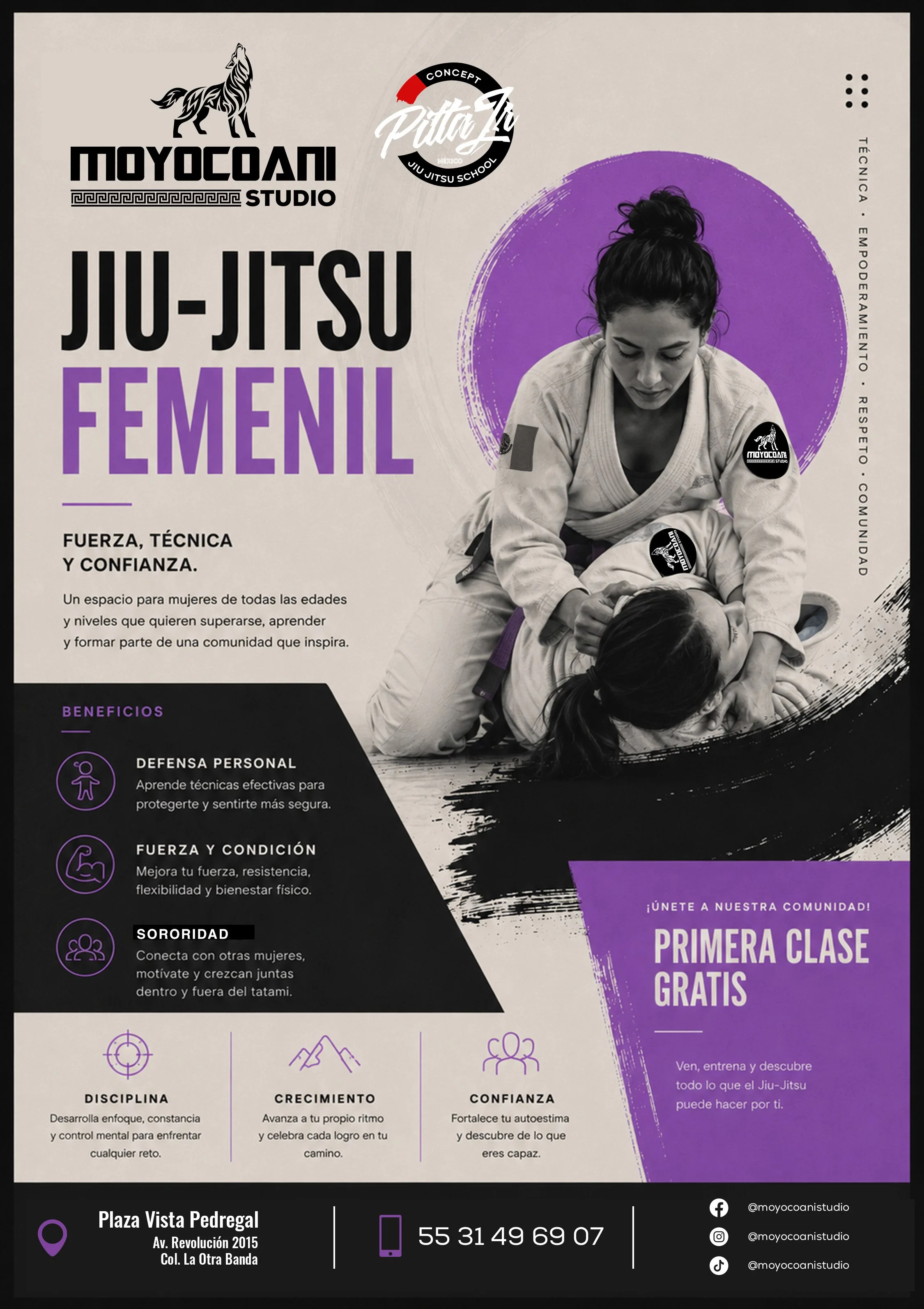 Cartel promocional de Moyocan Studio para clases de jiu-jitsu femenino en Plaza Vista Pedregal, con primera clase gratis, beneficios de defensa personal, fuerza, sororidad, disciplina, crecimiento y confianza.