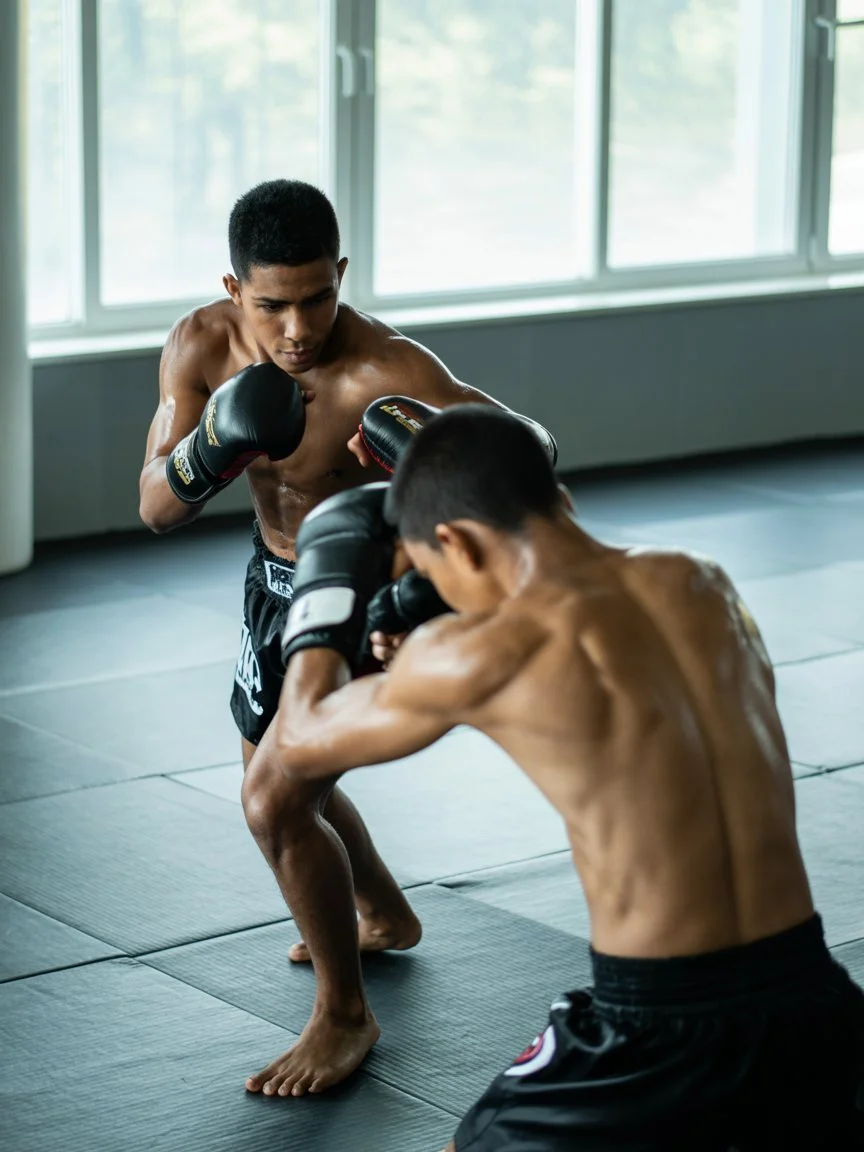 Dos peleadores de artes marciales mixtas entrenan con guantes en un gimnasio sobre tatami.