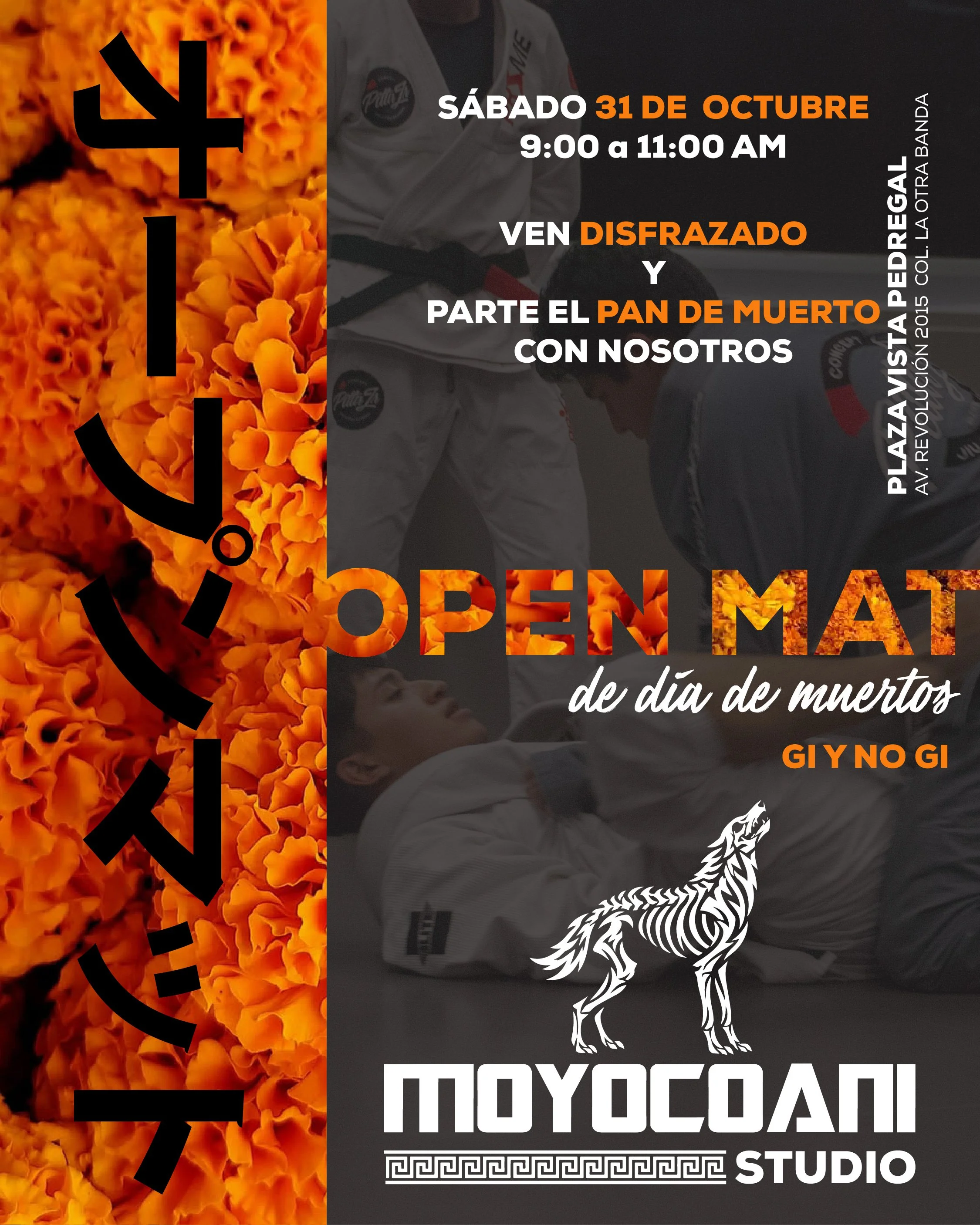 Cartel de Pilates Halloween en Movimiento Studio: sábado 31 de octubre, de 9:00 a 11:00 a. m., con disfraces y pan de muerto; diseño con flores de cempasúchil, esqueleto y temática de Día de Muertos.
