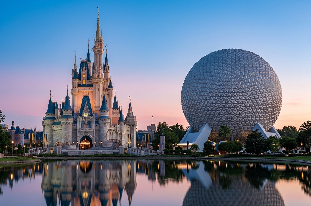 Disney's Cinderella Castle and Epcot's Spaceship Earth at Walt Disney World during sunset.