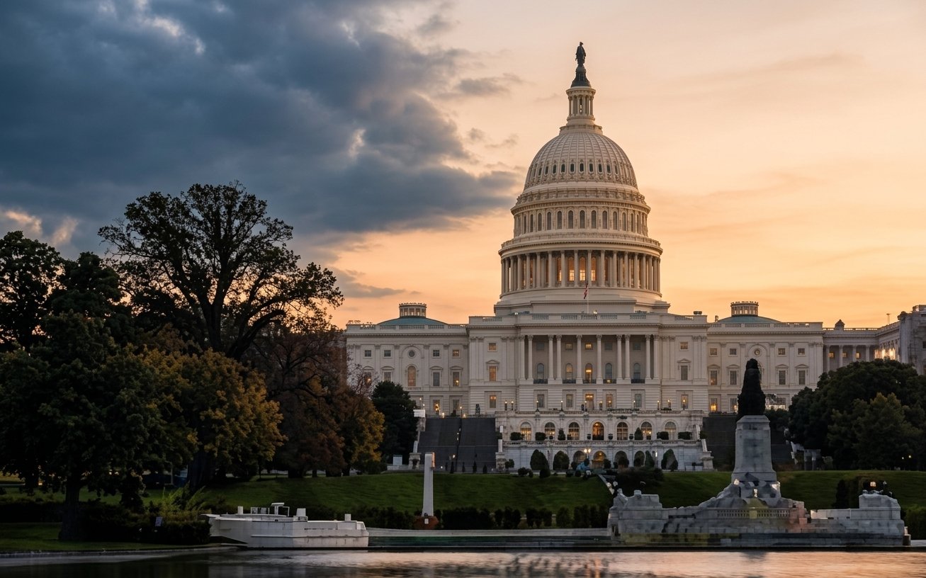 The United States Capitol building at sunset with trees in the foreground.