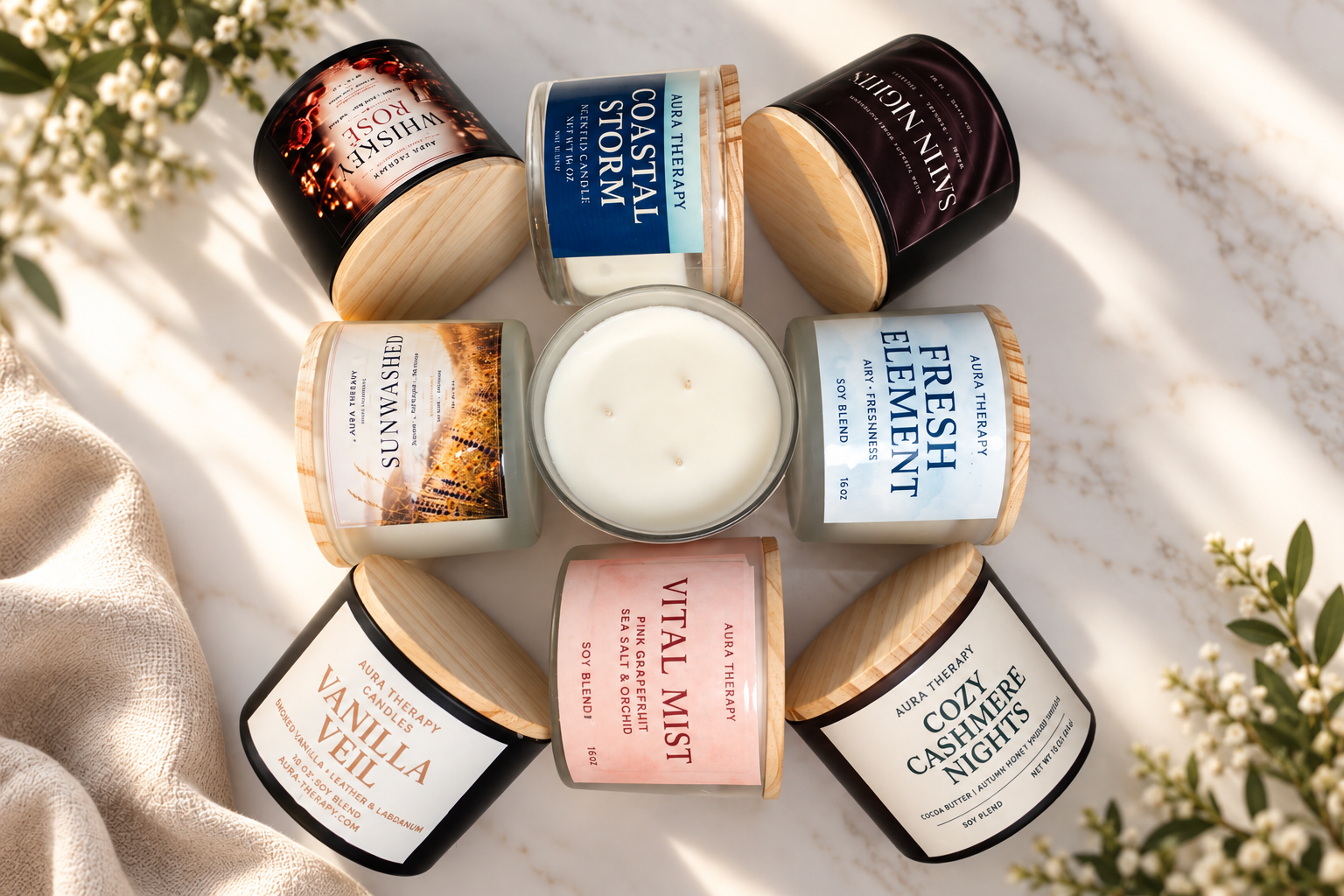 A collection of candles in glass containers with wooden lids, arranged in a circle on a marble surface. Each candle has a label with different scents and designs, with a central unlit candle. Decorative flowers and fabric are partially visible around the candles.