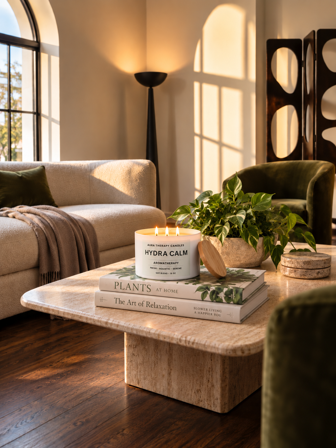 Living room with sunlight through tall windows, beige sofa with green pillow and blanket, wooden coffee table with a lit candle, potted plant, and books. In the background, a black floor lamp, a green armchair, and decorative partition.