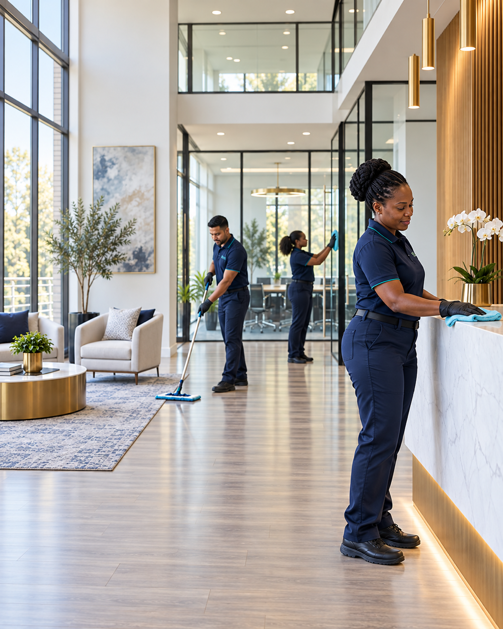 Cleaning staff cleaning a modern hotel lobby with large windows, plants, and contemporary furniture.