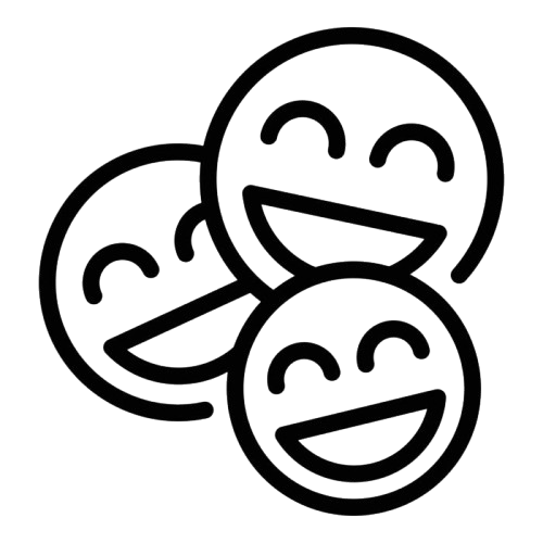Three emoticon smiley faces with closed eyes and wide open mouths showing happiness