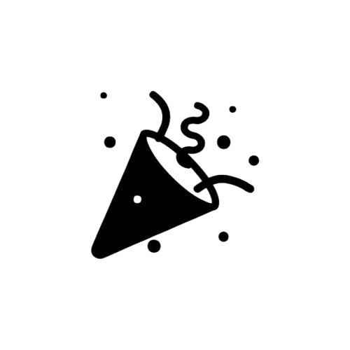 Line drawing of a party popper with confetti and streamers, releasing a burst of celebration.