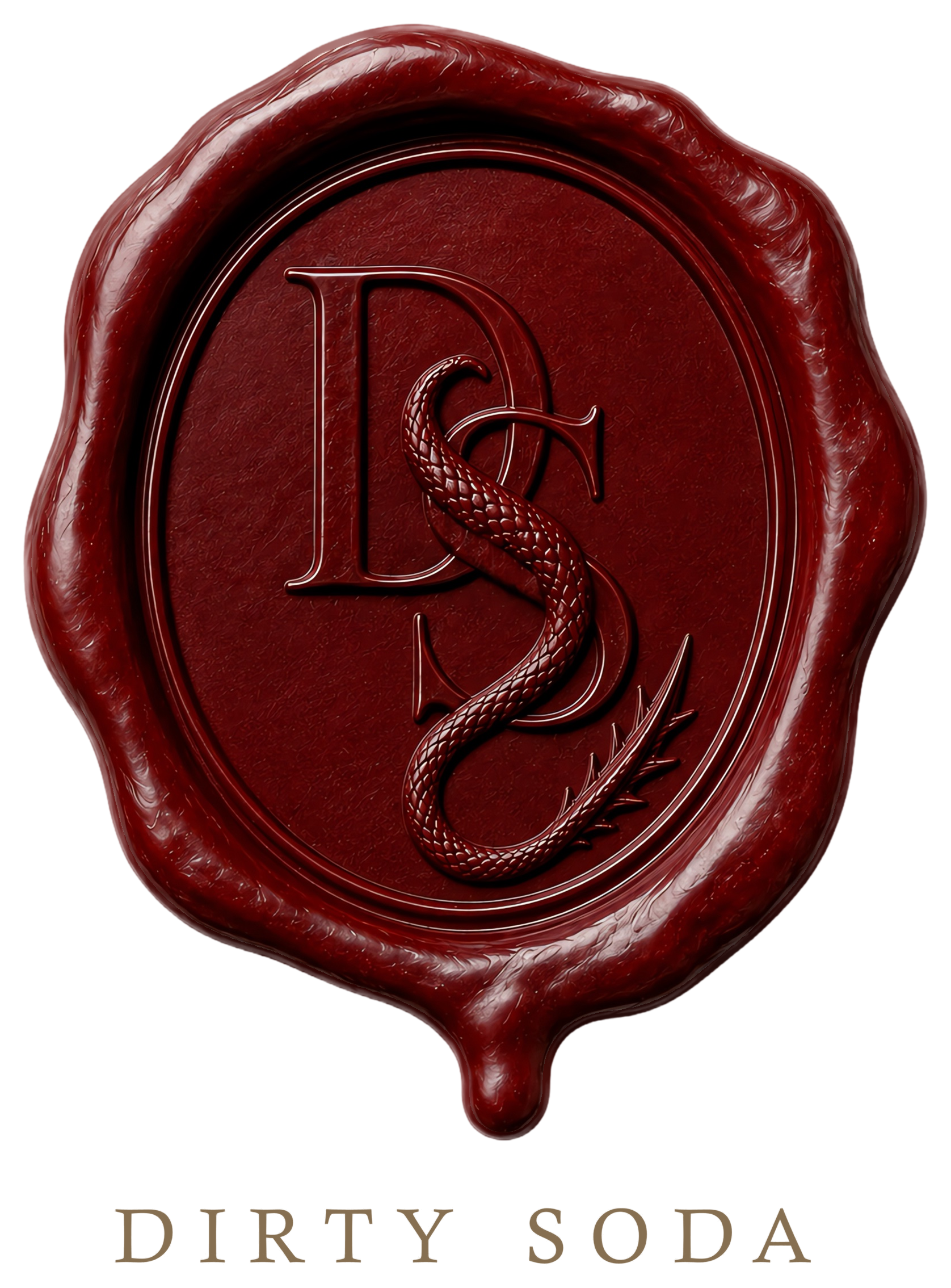 Dirty Soda logo: a red wax seal with a dragon tail entwined around the letters D and S.