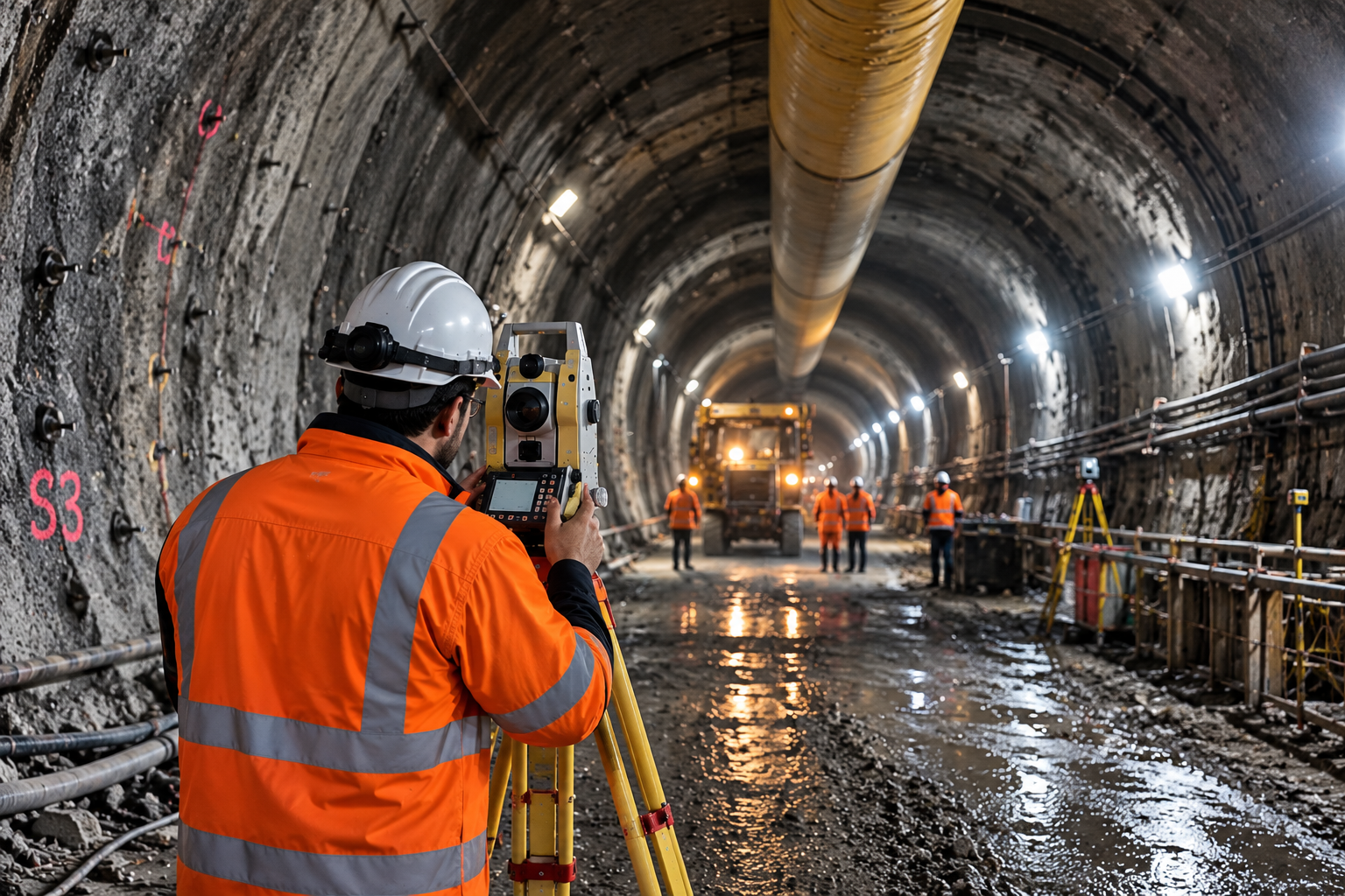 Construction workers in safety gear working inside a tunnel with machinery and lighting.