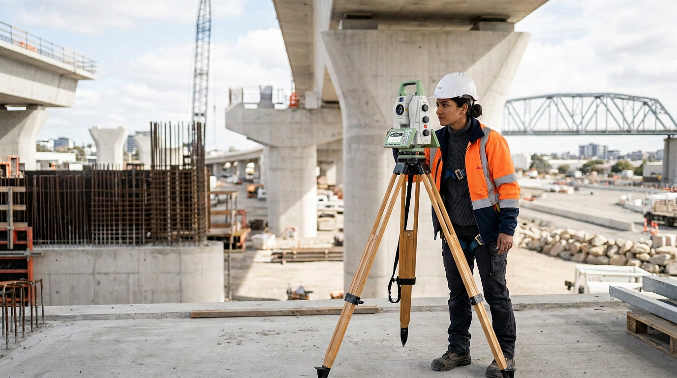 A female construction worker wearing an orange safety vest and white hard hat operates a total station surveying instrument at a construction site with overpasses and bridge structures in the background.