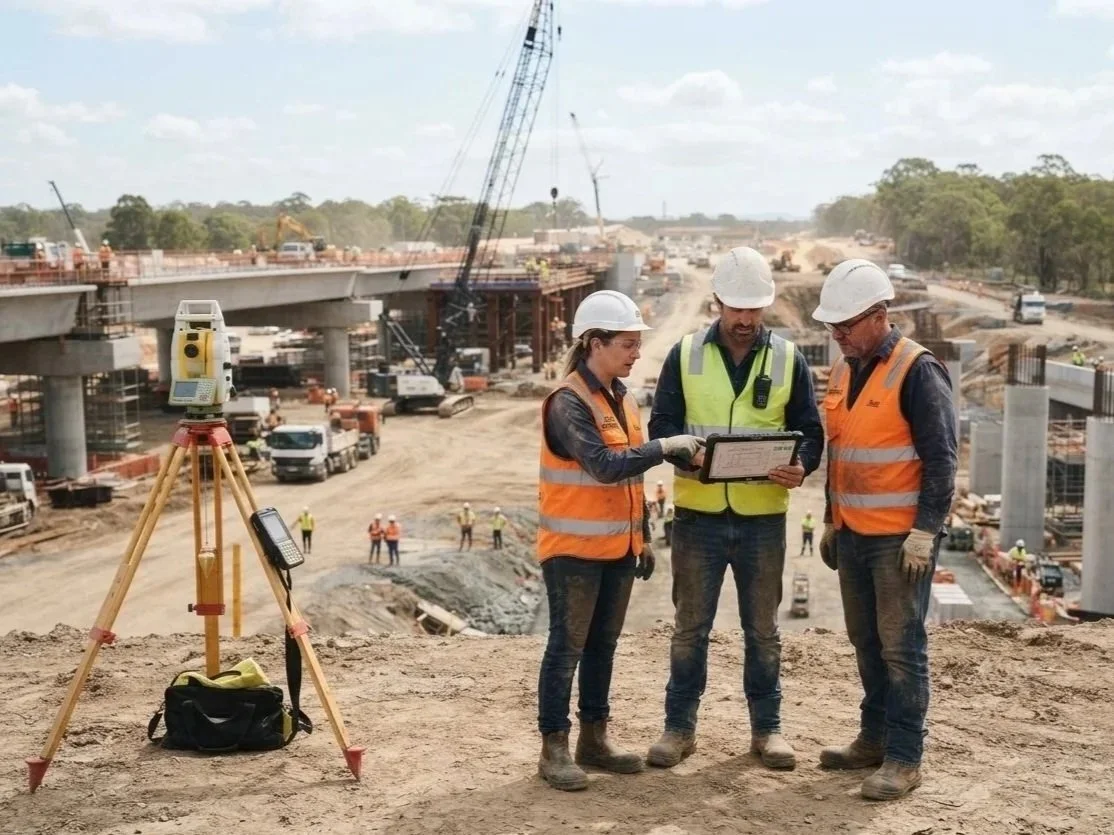 Three construction workers, wearing safety helmets and high-visibility vests, standing together and discussing plans at a large construction site with an under-construction bridge, heavy machinery, and other workers in the background.