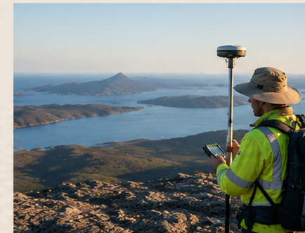 A person wearing a yellow safety jacket and a wide-brimmed hat using a GPS device on a surveying pole, overlooking a lake and mountains in the distance.