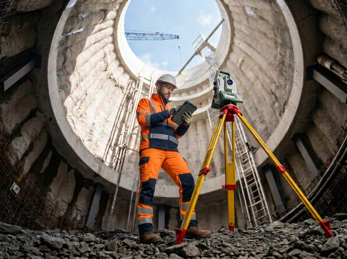 Construction worker in orange safety gear and hard hat operating surveying equipment inside a deep, circular excavation with a sky and crane visible at the top.
