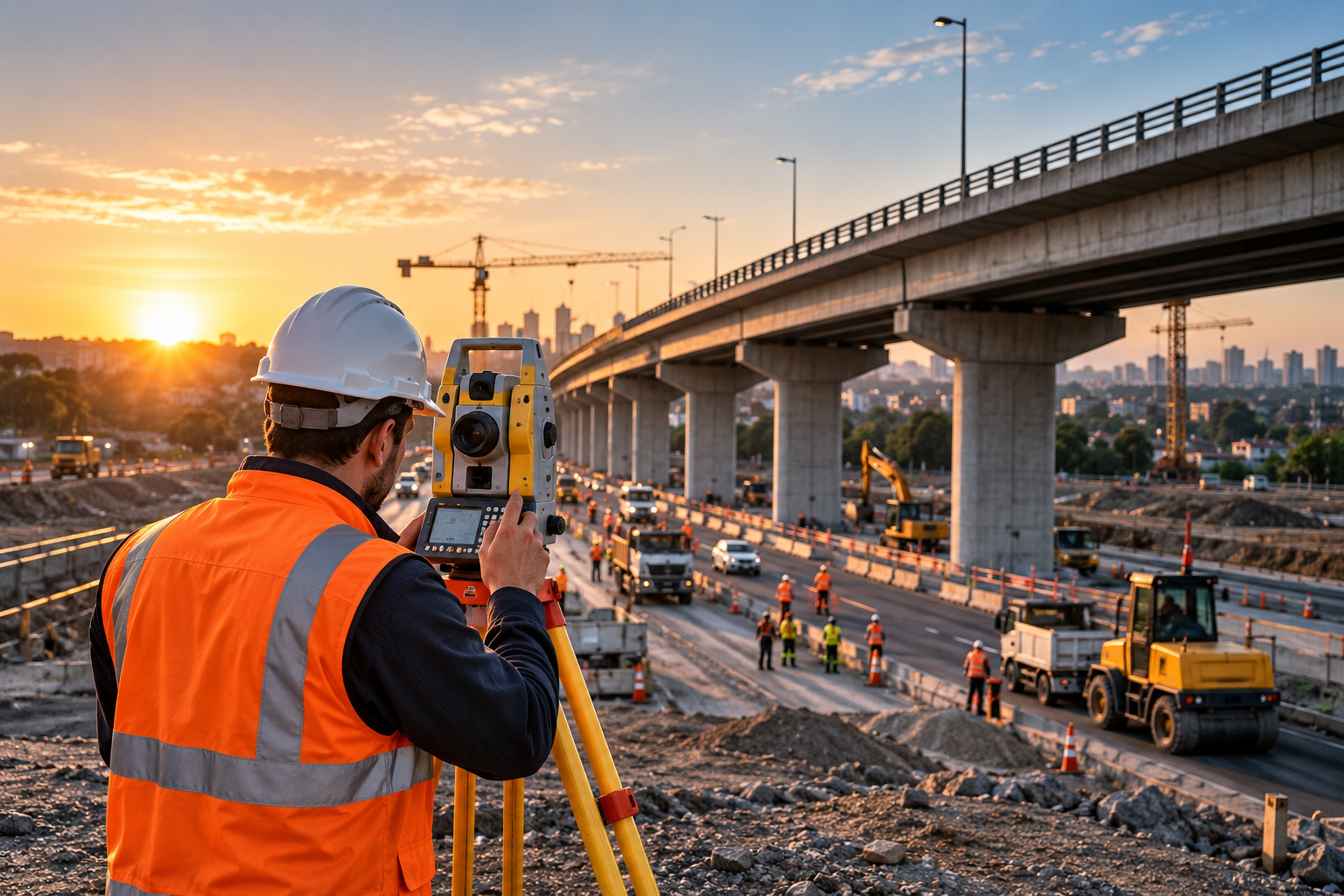 A construction worker in an orange safety vest and white helmet operating a survey instrument on a construction site with a bridge and city skyline in the background during sunset.
