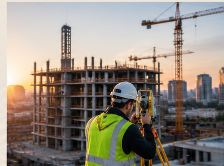 Construction worker with a helmet and high-visibility vest using a measuring instrument at a building site during sunset.