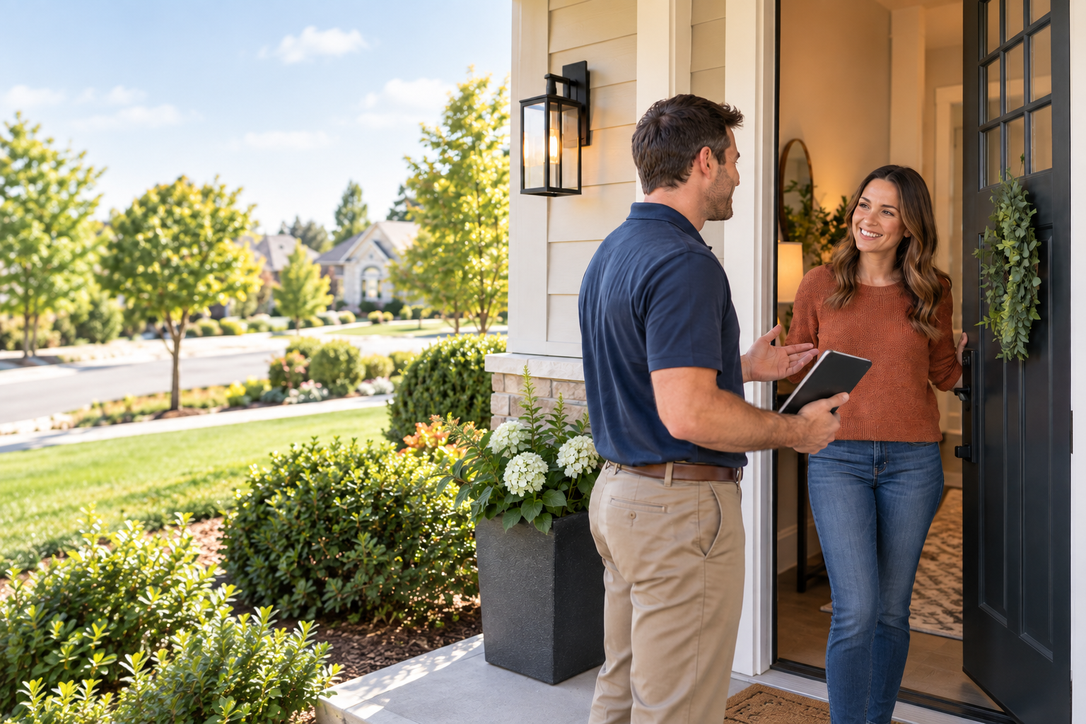5 Mile Marketing representative speaking with a homeowner at her front door