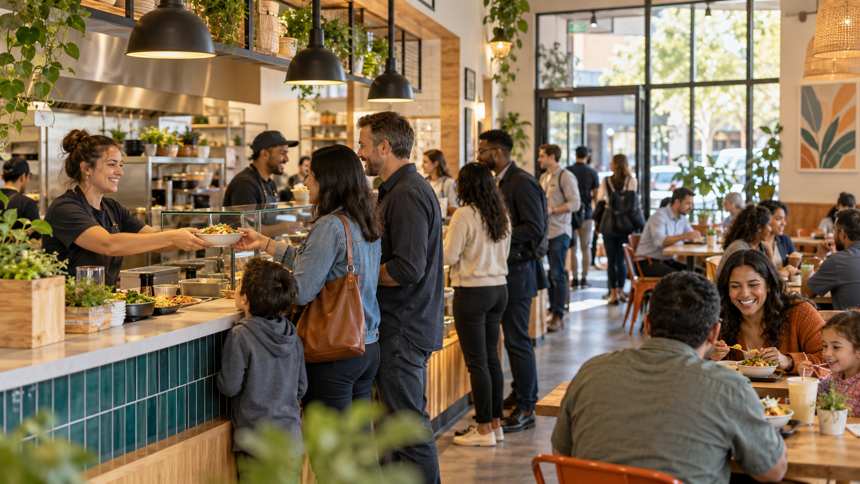 Customers ordering inside a busy neighborhood quick-service restaurant