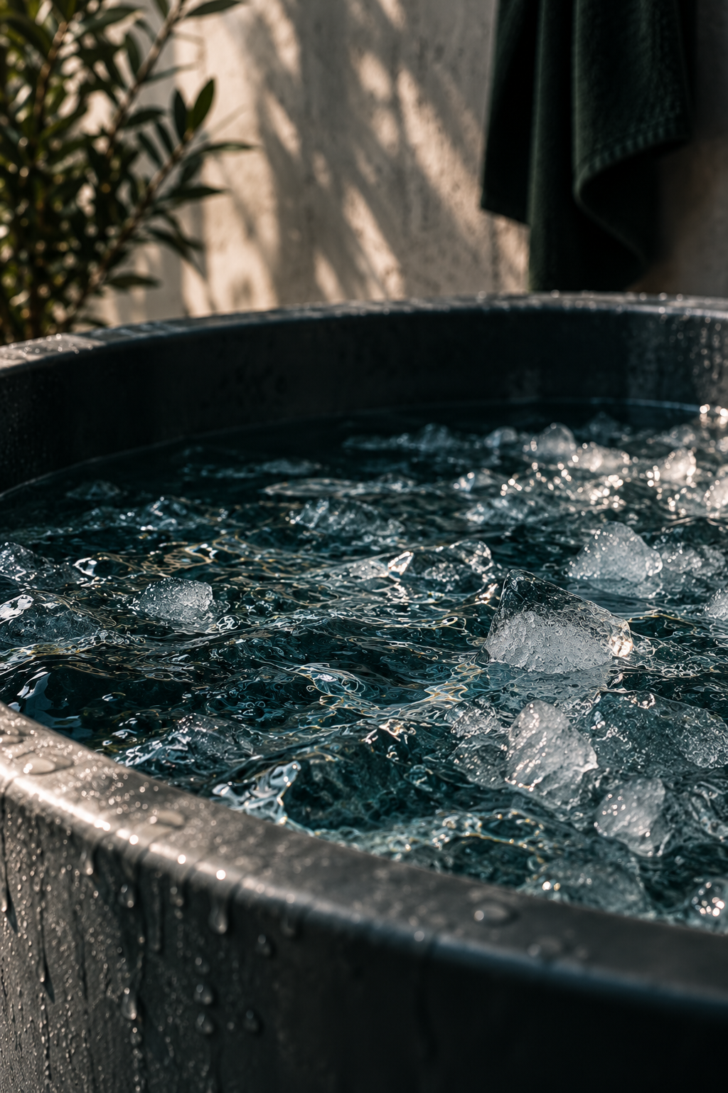 A close-up of a black hot tub filled with water and floating ice cubes outdoors, with a textured wall, a towel, and some greenery in the background.