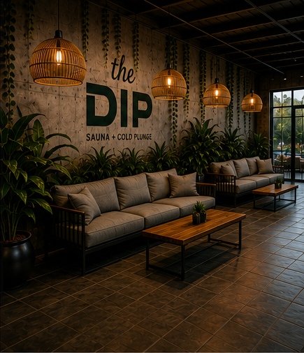 Interior of a lounge area with sofas, coffee tables, potted plants, hanging woven light fixtures, and a wall with the sign 'the DIP Sauna + Cold Plunge' in black and green lettering.