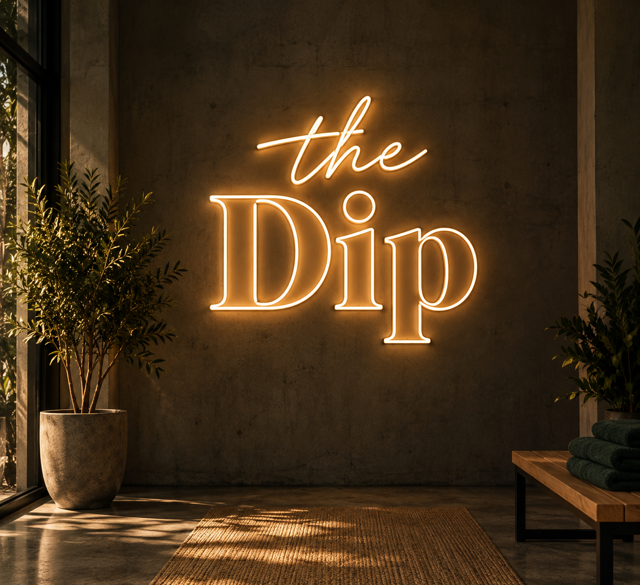 Neon sign reading 'the Dip' on a concrete wall, with potted plant and rug in a modern interior.