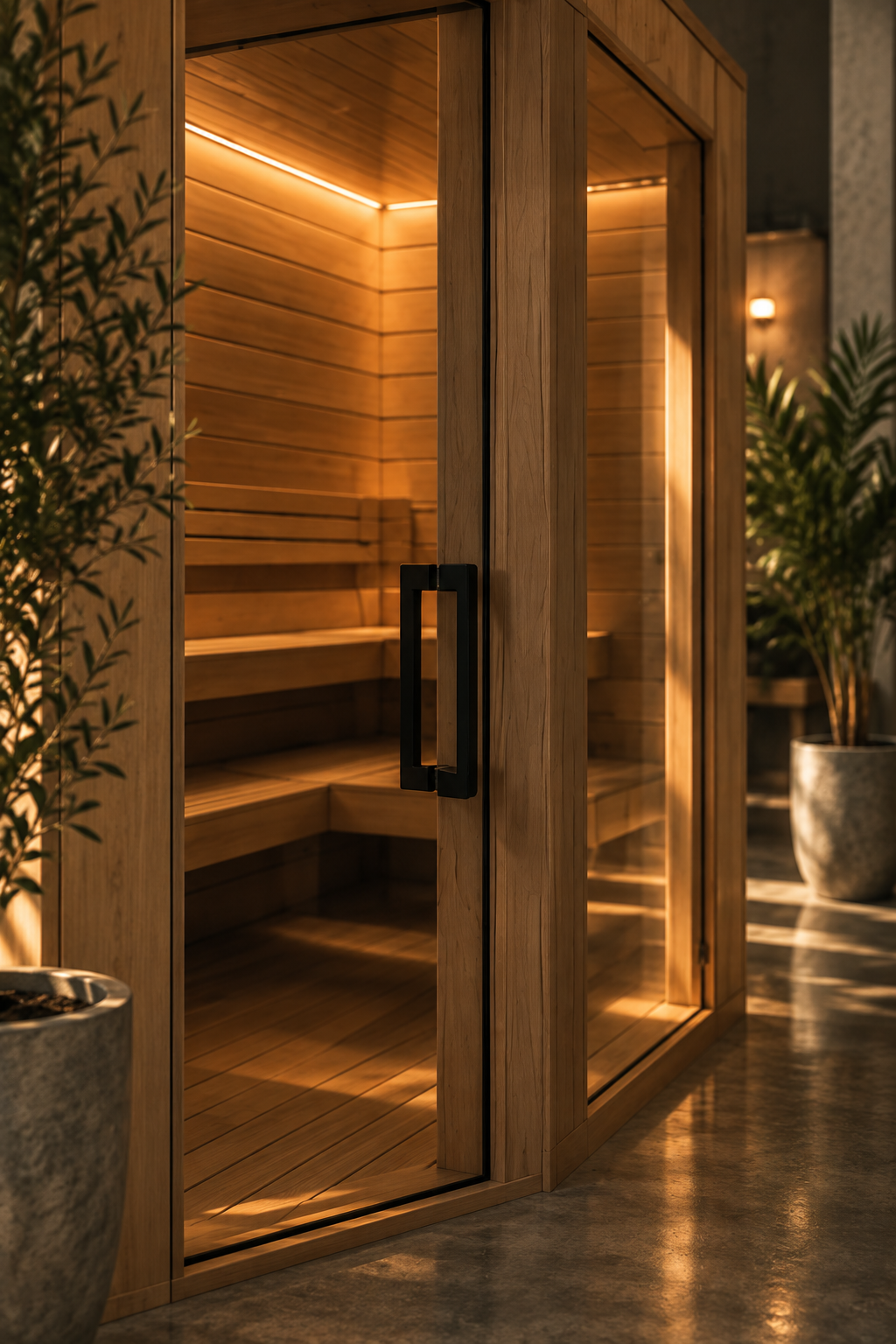 An indoor wooden sauna with glass door, black handle, and ambient lighting, surrounded by potted plants.