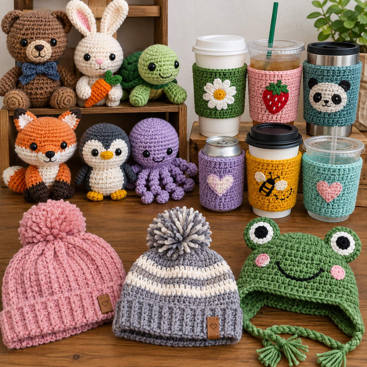 Assorted crocheted plush toys and knit hats on wooden surface and shelves, including animals like bear, rabbit, turtle, fox, penguin, octopus, and frog, some with hidden beverage cups in cozy holders, with colorful knit hats in front.