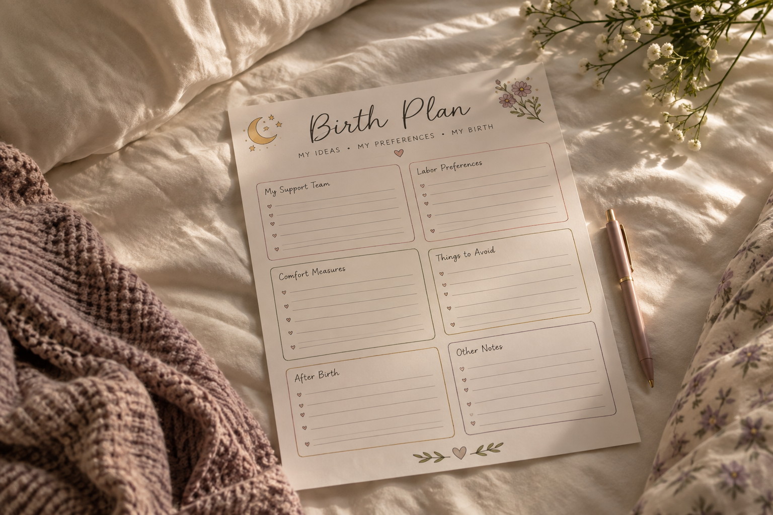 A birth plan worksheet on a bed with a pink pen nearby, surrounded by a knitted blanket and floral sheets, with a small bouquet of white flowers in the top right corner.