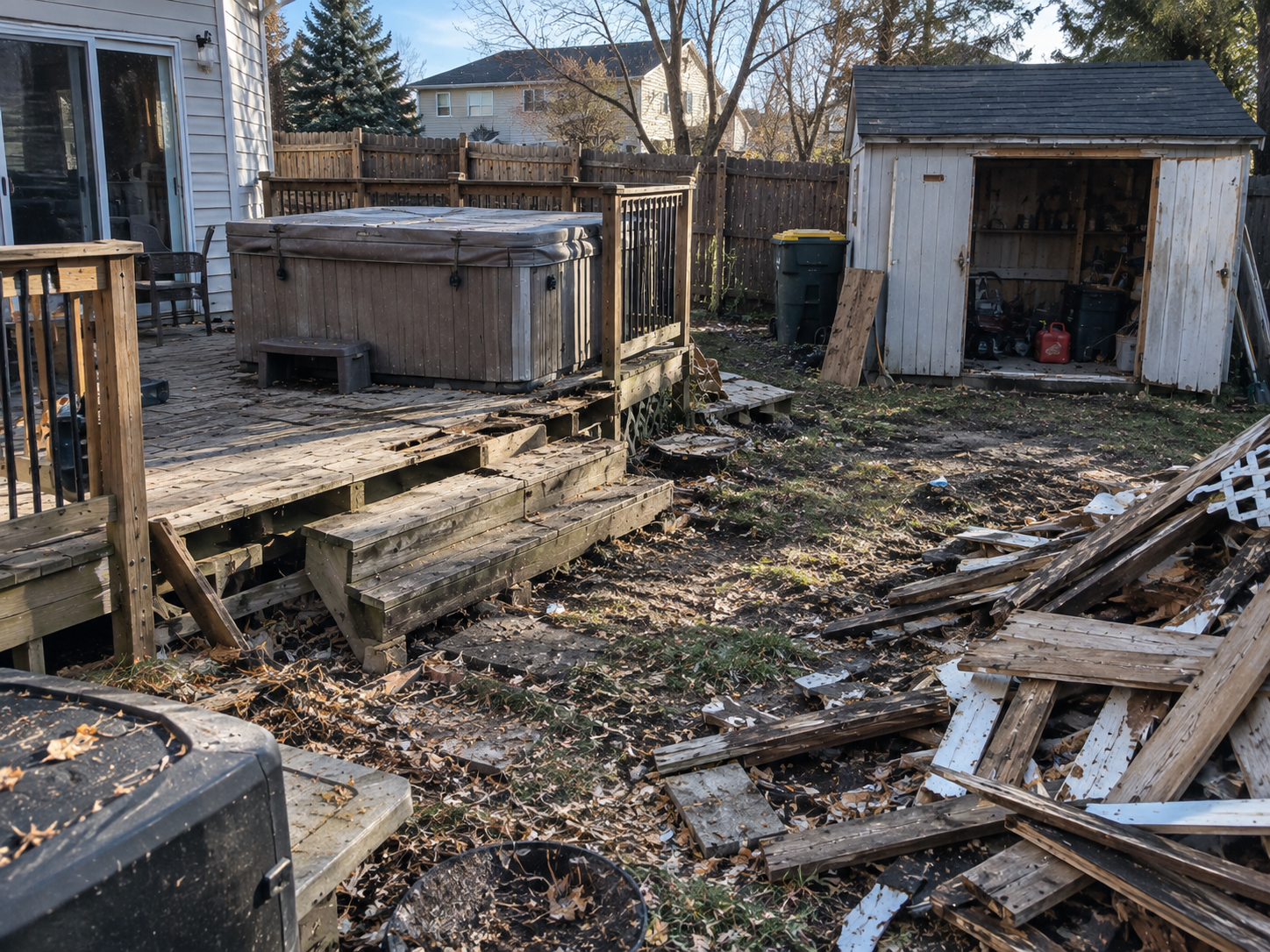 Backyard with damaged wooden deck, broken and scattered wood debris, a hot tub on an elevated platform, and a small white shed with an open door to the right, containing tools and equipment.