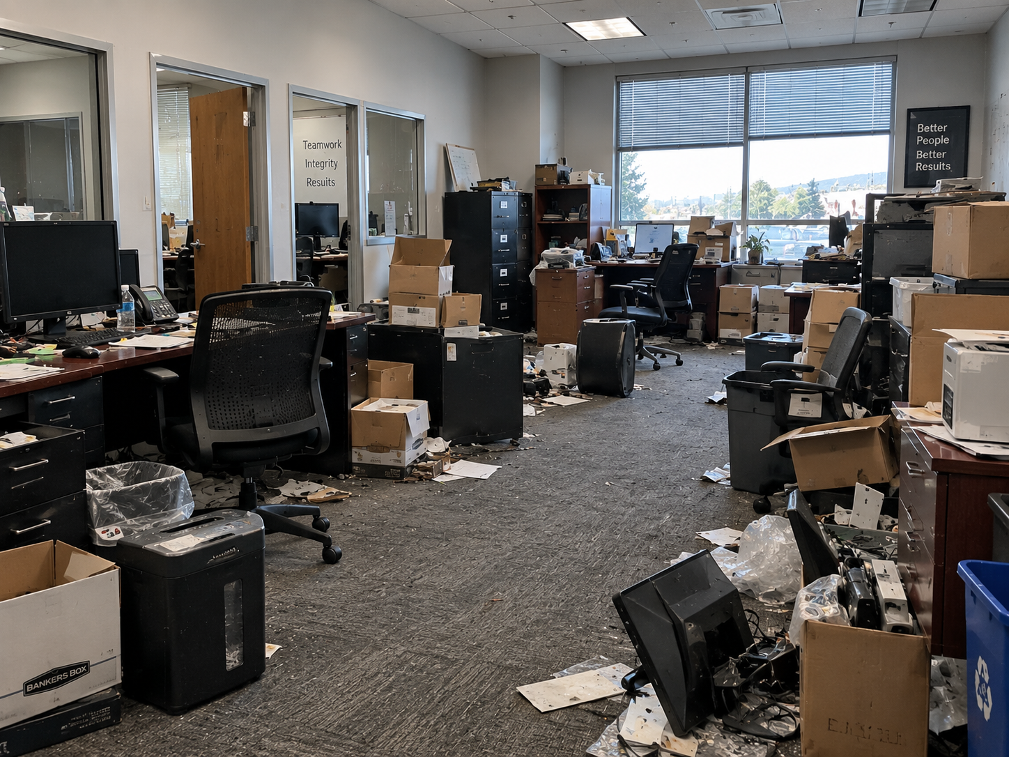 An office with desks, chairs, computers, and filing cabinets. The floor is cluttered with papers, boxes, and electronic devices, and the room has a large window with blinds.