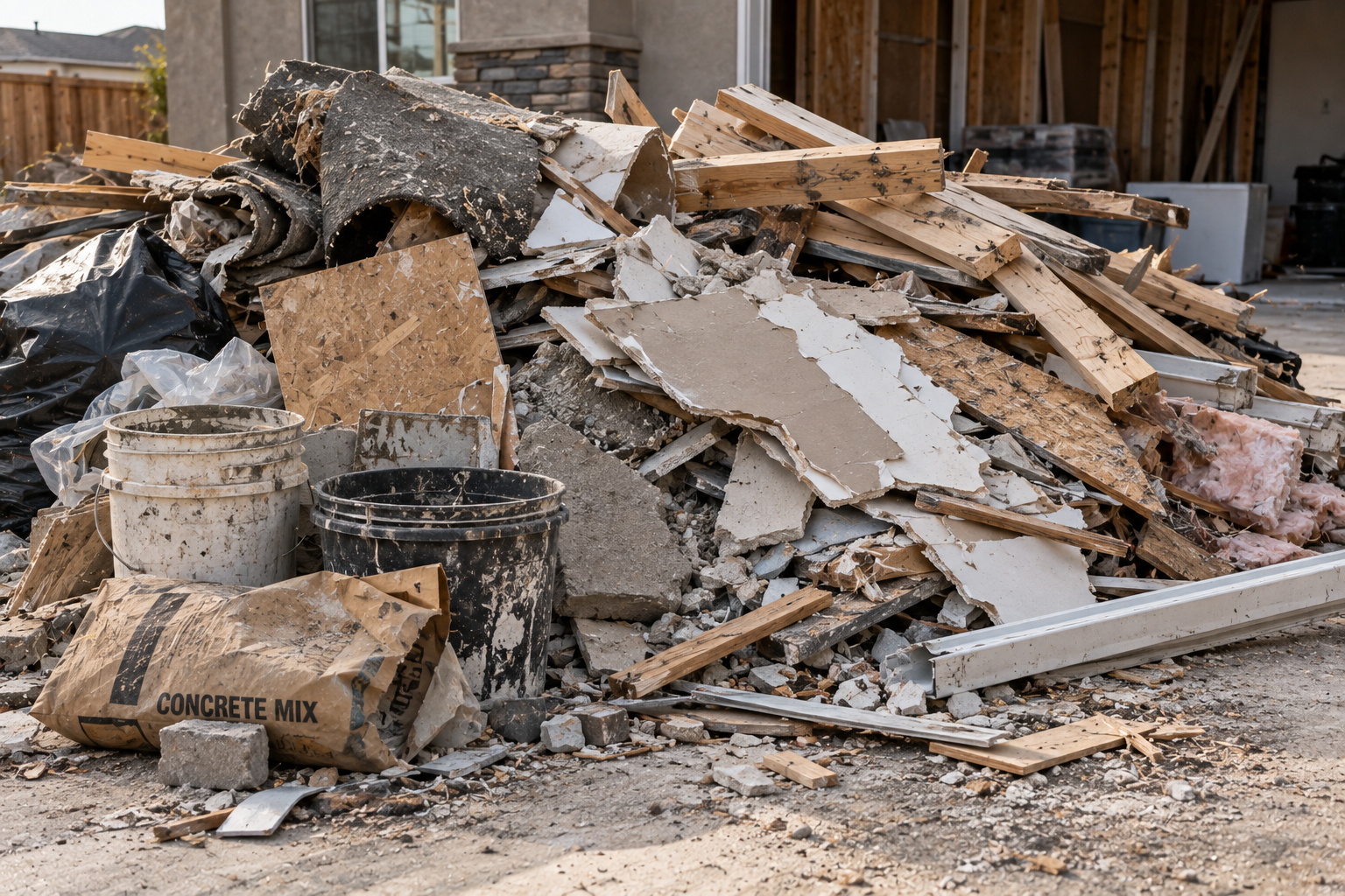 Construction debris including broken drywall, wood pieces, plastic sheets, buckets, and a bag labeled 'concrete mix' at a site under renovation.