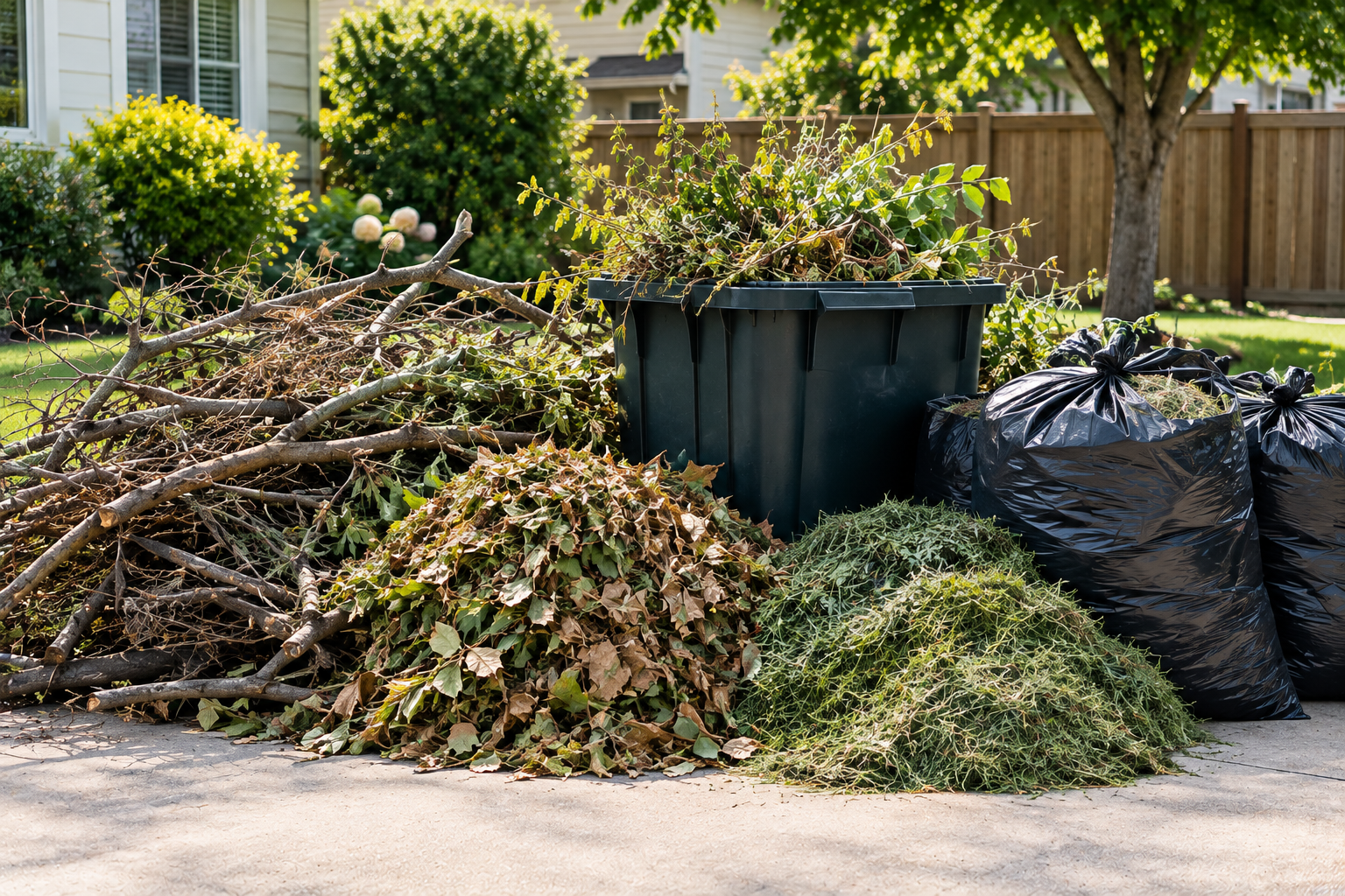 Yard waste, including branches, dried leaves, and hedges, collected in black plastic bags, a green trash bin, and placed on a driveway in a suburban yard with trees and a wooden fence.