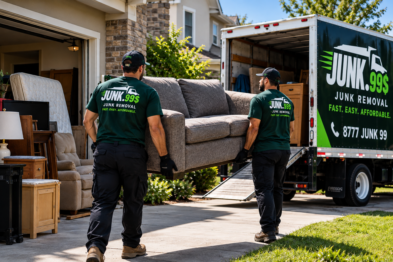Two workers wearing green t-shirts with 'JUNK.99$ JUNK REMOVAL' written on the back, are lifting a gray couch into a moving truck parked outside a house. The truck has branding for junk removal services and the phone number 8777 JUNK 99.