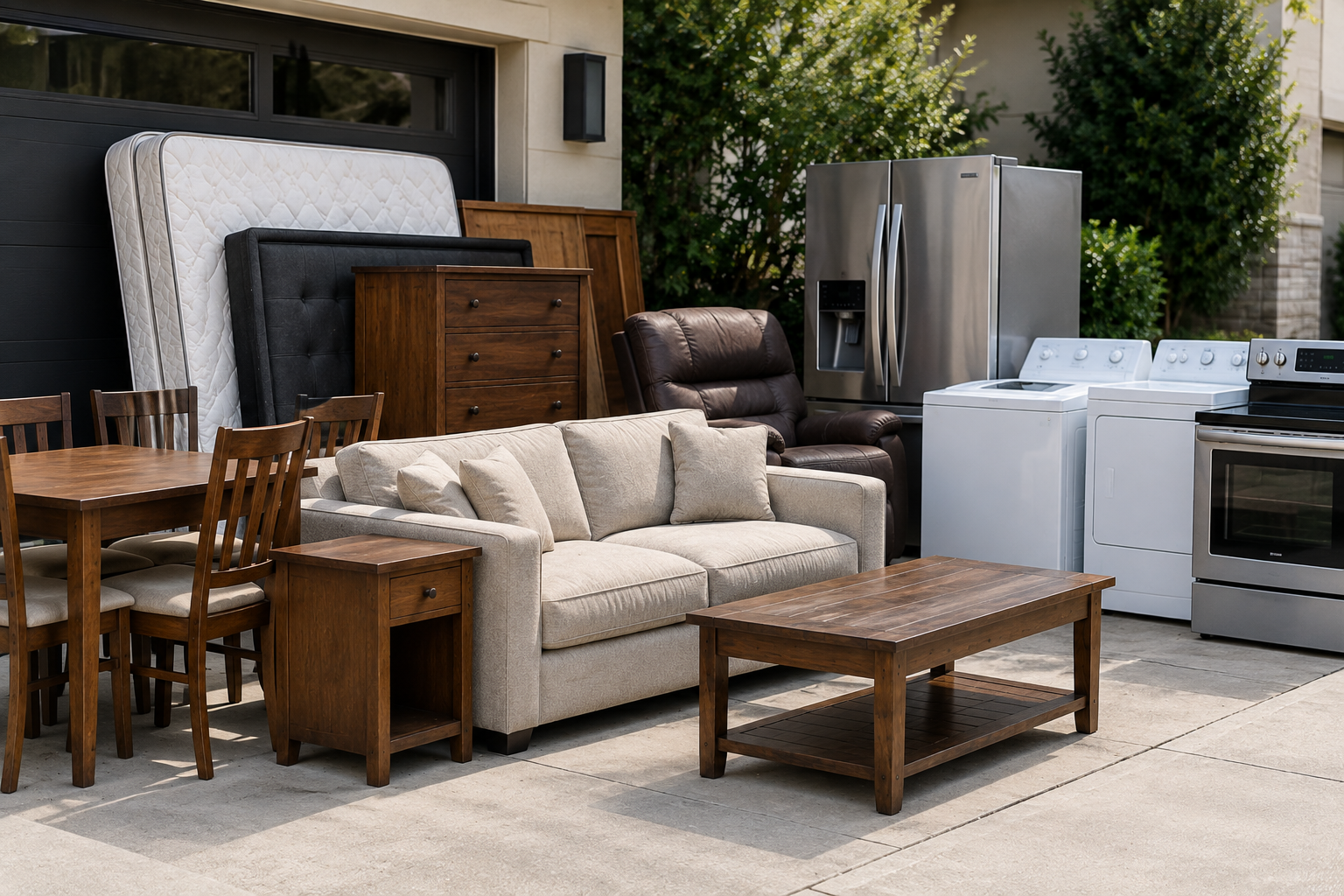 Outdoor patio with furniture, including a beige sofa, wooden dining table with chairs, a small side table, and a coffee table, with various household appliances like a refrigerator, washing machine, dryer, and oven in the background.
