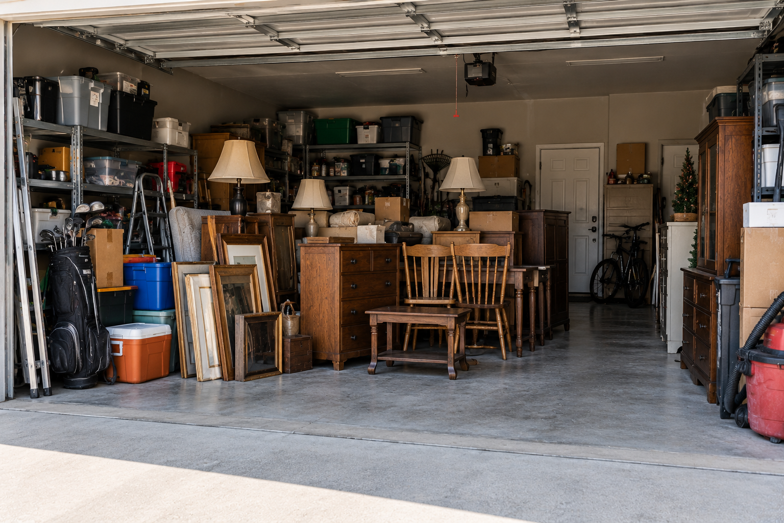 Open garage filled with stored furniture, lamps, framed pictures, boxes, and household items, with a bicycle in the back.