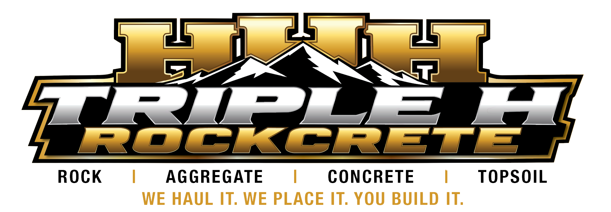 Logo of Triple H Rockcrete featuring a mountain and construction theme with the slogan "We haul it. We place it. You build it."