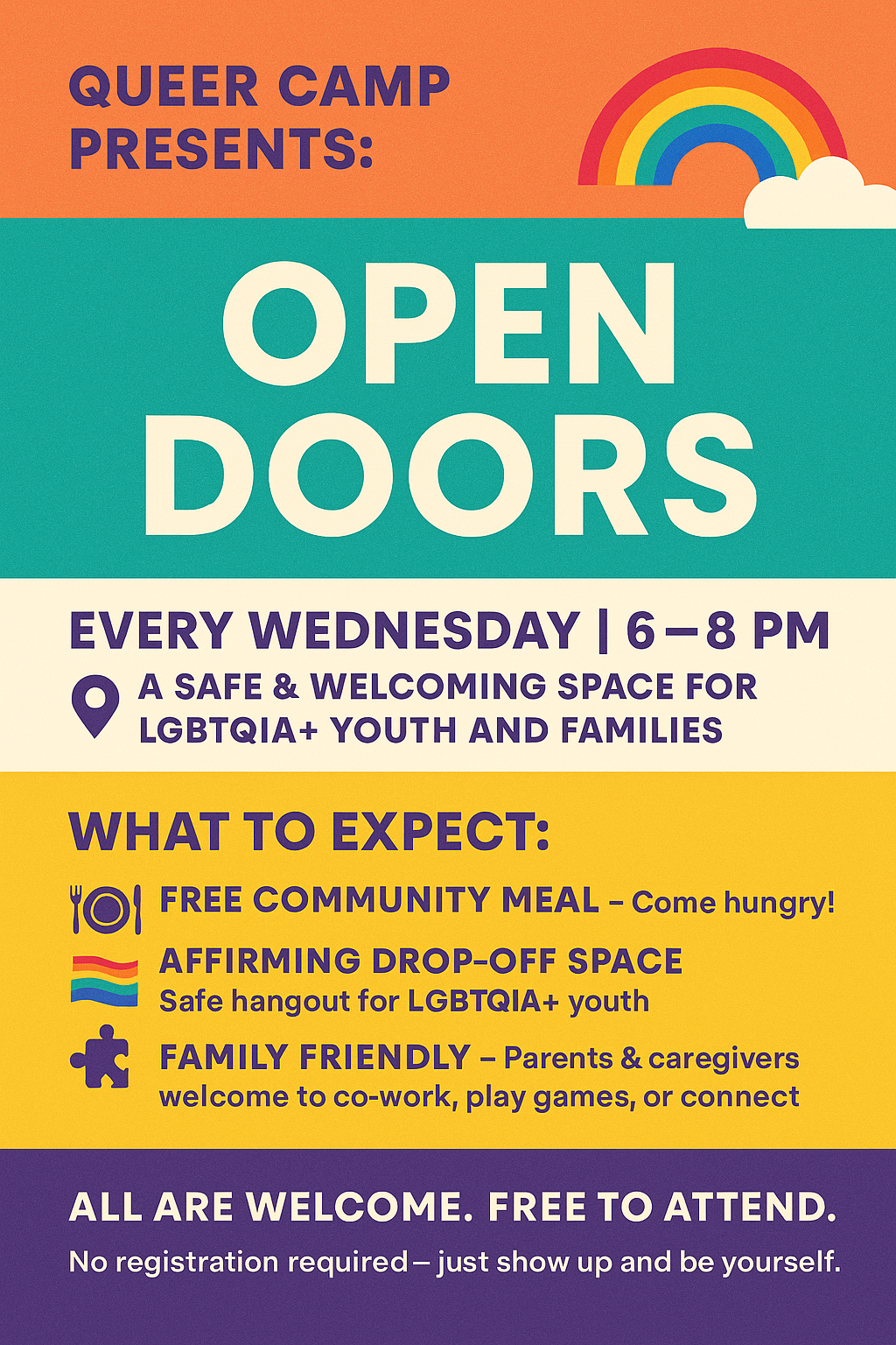 A colorful flyer for Queer Camp announcing open doors every Wednesday from 6 to 8 pm. It describes a safe, welcoming space for LGBTQIA+ youth and families with free community meals, affirming drop-off spaces, and family-friendly activities. The flyer features a rainbow, cloud, and rainbow flag icons, with text in purple, yellow, orange, and white.