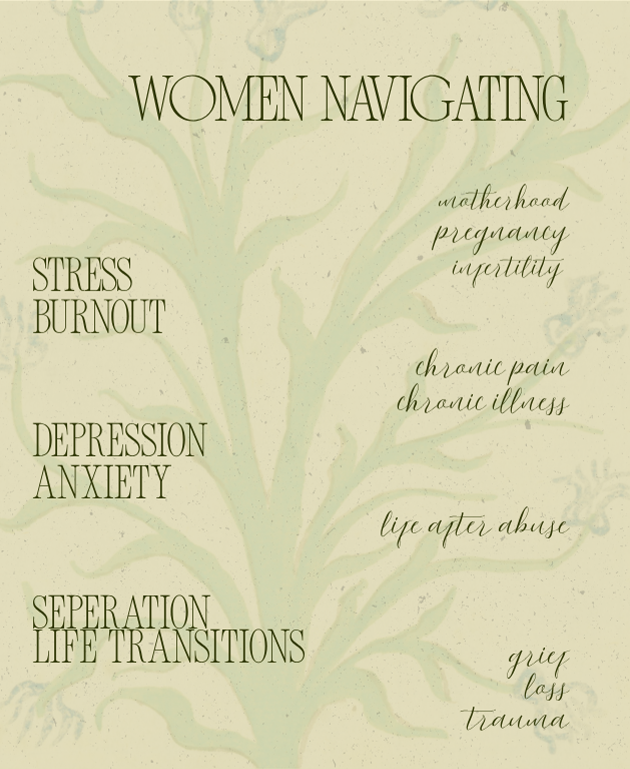 Illustration of a tree with roots labeled with challenges women face, including stress, burnout, depression, anxiety, separation, life transitions, motherhood, pregnancy, infertility, chronic pain, chronic illness, life after abuse, grief, loss, and trauma.