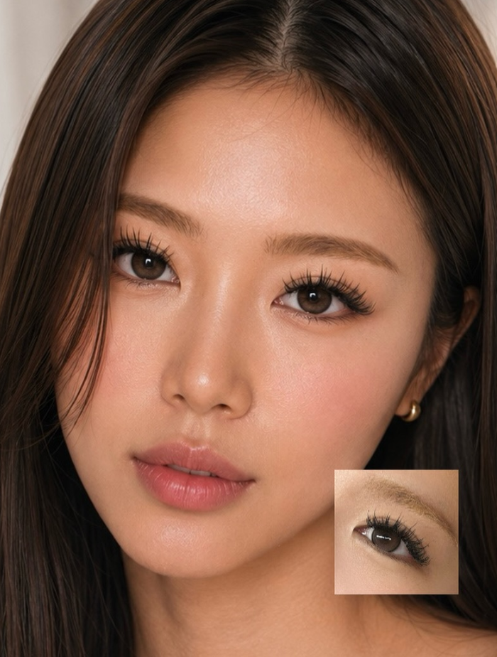 Close-up of a young woman with long dark hair, brown eyes, and makeup, wearing a gold earring.