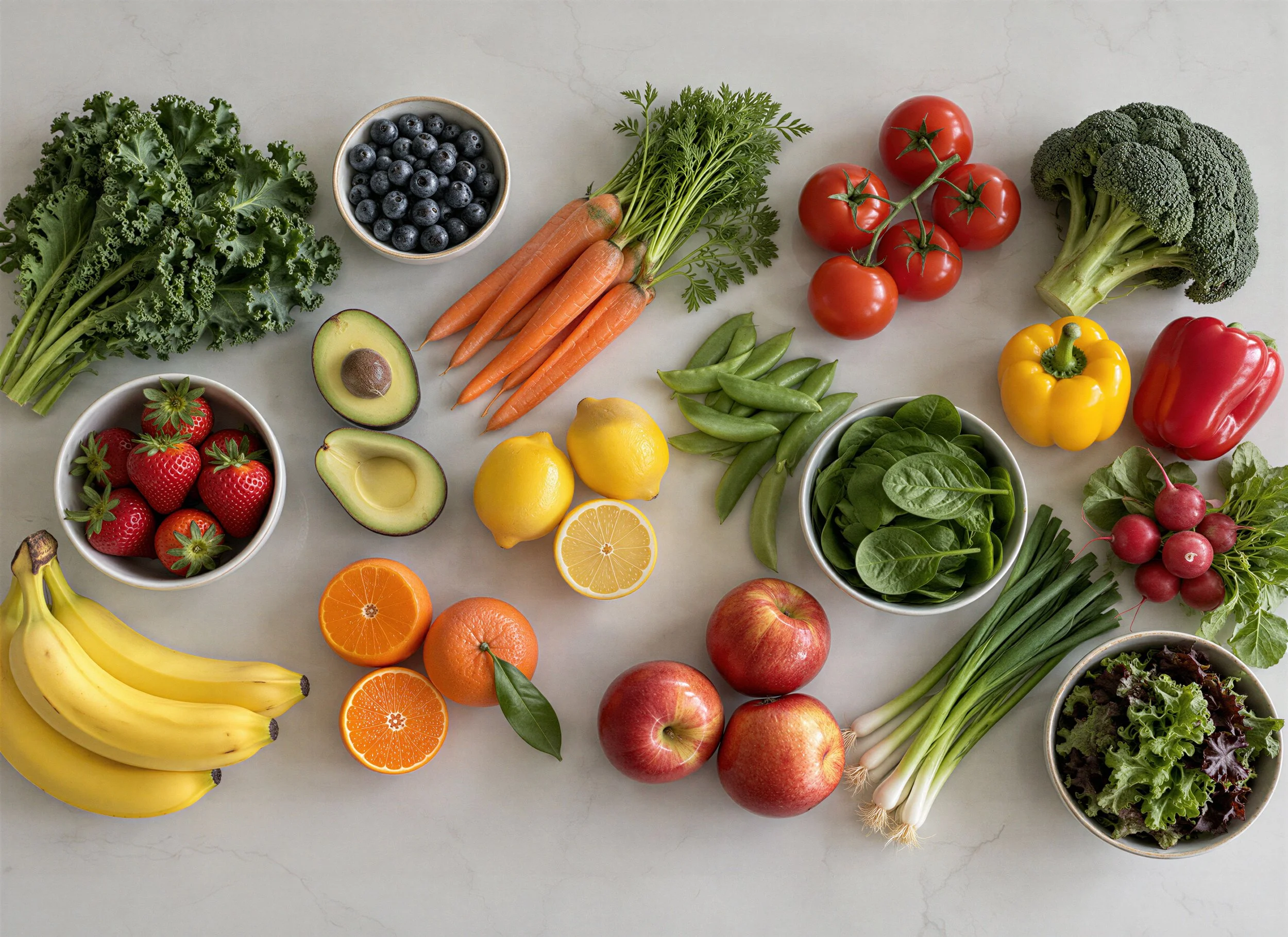 Assorted fresh fruits and vegetables including kale, blueberries, carrots, cherry tomatoes, broccoli, red and yellow bell peppers, strawberries, avocados, lemons, oranges, radishes, spinach, lettuce, bananas, and green beans displayed on a light surface.