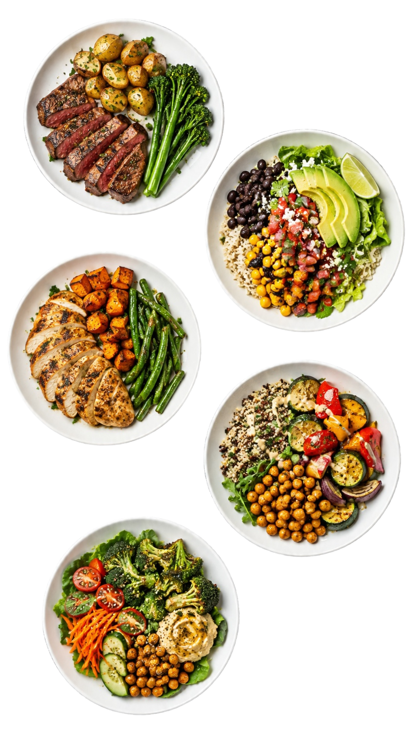 Five bowls of colorful salads with various vegetables, grains, and protein elements.
