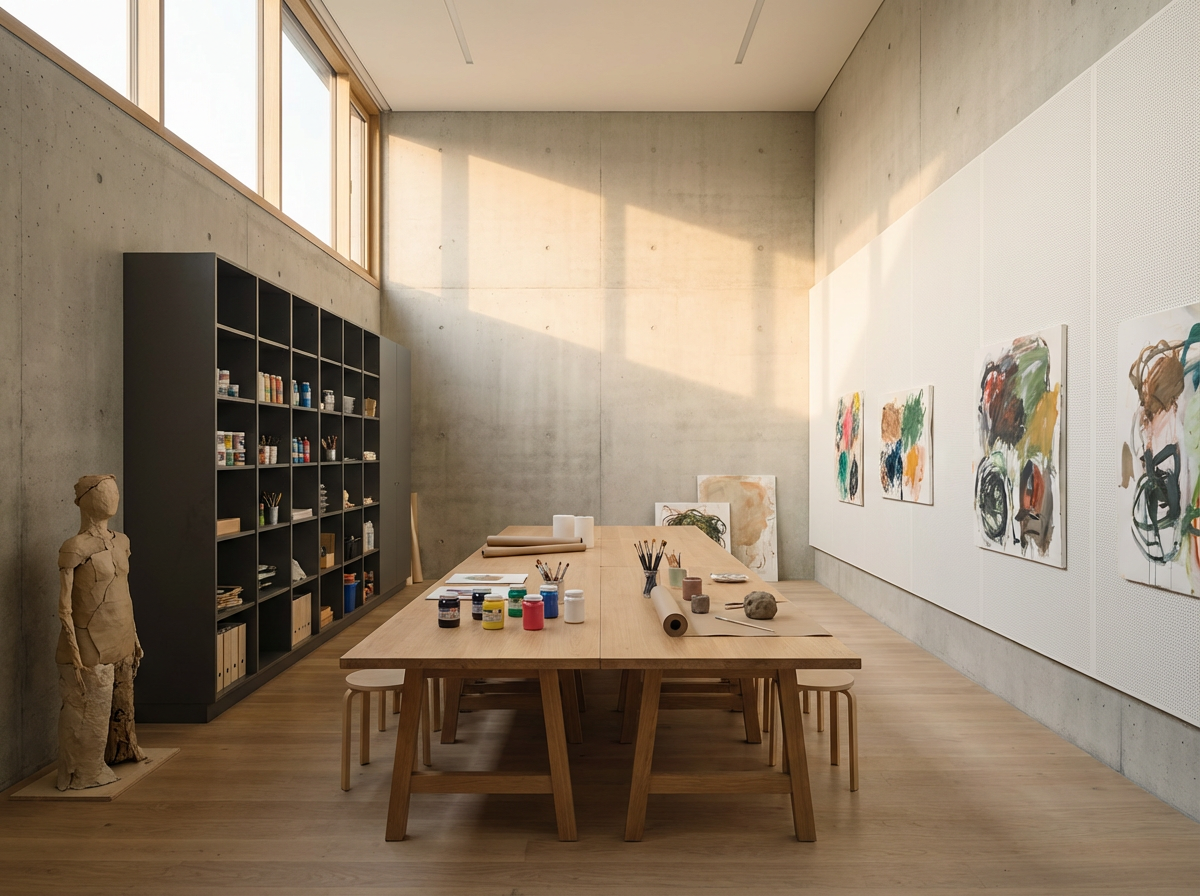 An art studio with a large wooden table holding art supplies, a sculptural figure, and artwork on the walls. There are large windows high on one wall, letting in natural light.
