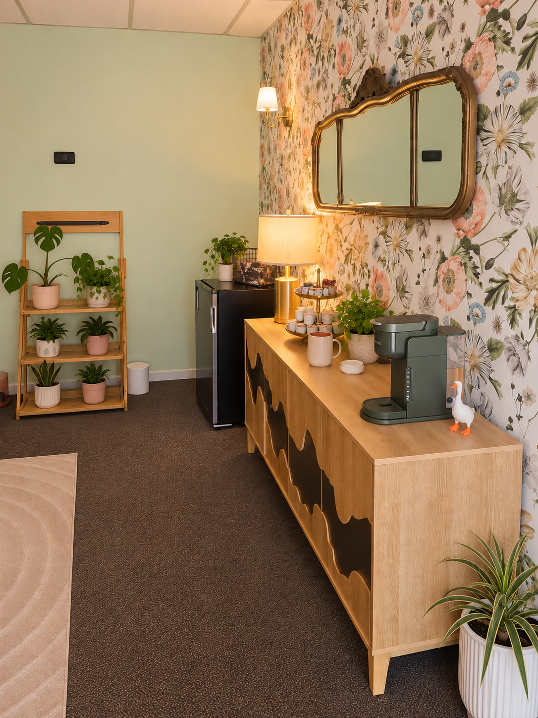 Coffee and refreshment area at Wild Goose Marriage and Family Therapy in Chico, CA, with floral wallpaper, plants, and warm lighting.