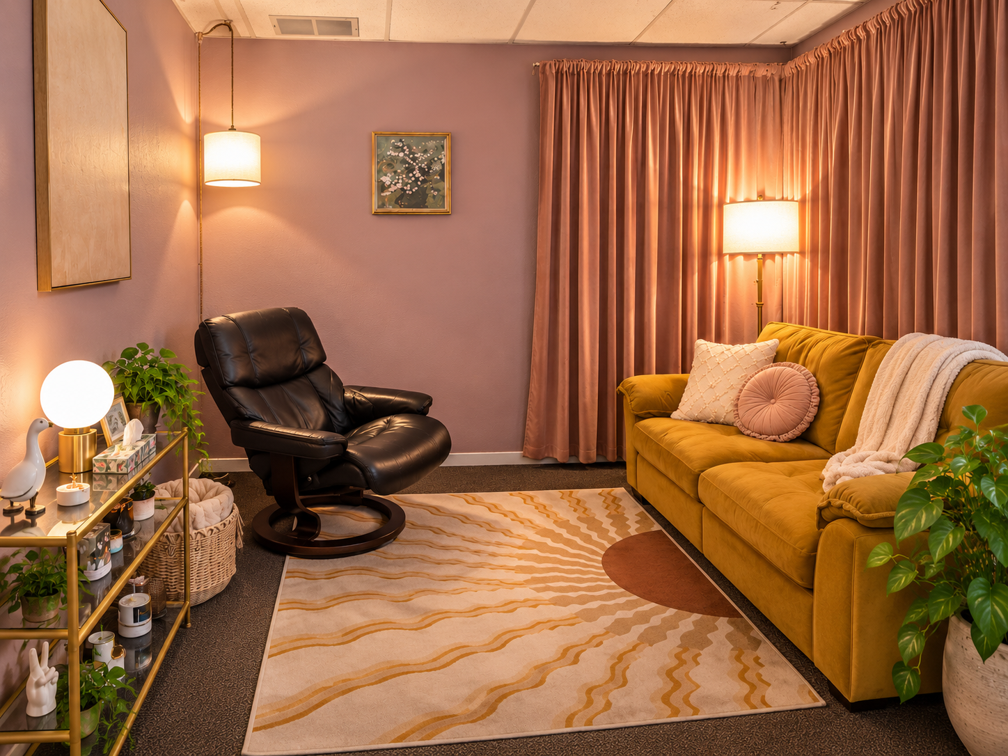 Warm therapy office at Wild Goose Marriage and Family Therapy in Chico, CA, with pink walls, mustard sofa, leather recliner, soft lighting, and plants